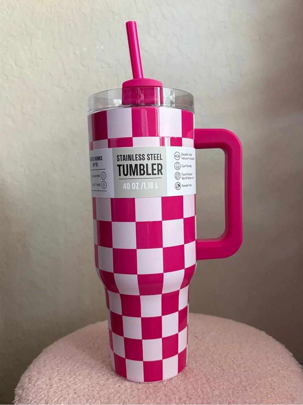 Stainless Steel 40oz Checkered Pink Tumbler with Handle and Straw